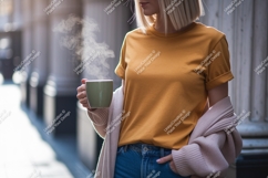 Woman wearing mustard t shirt holding coffee cup image Product Image 1