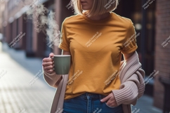 Woman holding steaming coffee mug mustard Product Image 1