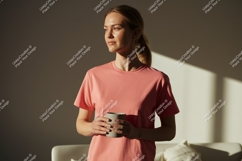 Woman wearing coral t shirt holding mug image Product Image 1