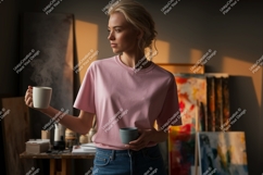 Woman holding coffee cups in studio pink t-shirt Product Image 1