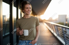 Woman holding mug on balcony at sunset Product Image 1
