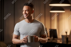 Smiling man holding coffee mug grey Product Image 1