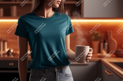 Woman wearing teal t shirt holding mug Product Image 1