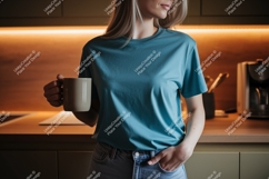 Woman blue t shirt holding mug image Product Image 1