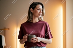 Woman holding mug wearing maroon t shirt image Product Image 1