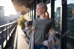 Woman holding coffee mug on balcony steam Product Image 1