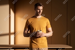 Man wearing mustard t shirt holding cup t-shirt Product Image 1