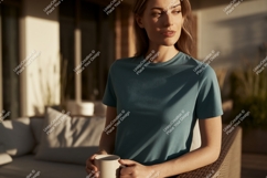 Woman wearing teal t shirt holding mug image Product Image 1