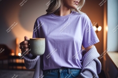 Woman wearing lavender t shirt holding coffee mug image Product Image 1