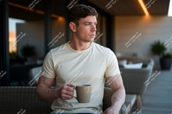 Format: Title: Man wearing cream t-shirt holding mug Product Image 1