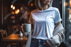 Woman holding steaming coffee cup wearing white t shirt Product Image 1
