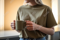 Pink shirt person holding warm beverage Product Image 1