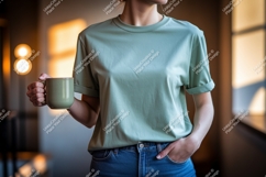 Woman wearing green t shirt holding mug image Product Image 1