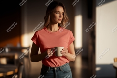 Woman holding mug wearing coral t shirt image Product Image 1