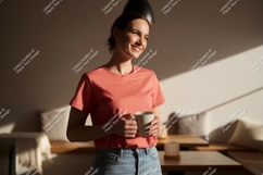 Woman holding coffee mug in sunlit room Product Image 1