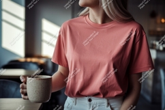Woman wearing salmon t shirt holding mug image Product Image 1