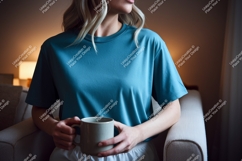 Woman wearing teal t shirt holding mug image Product Image 1