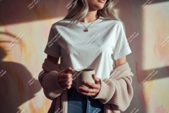 Woman holding mug wearing white t shirt image Product Image 1