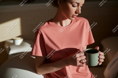 Woman wearing pink t shirt holding mug image Product Image 1