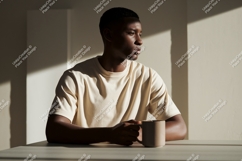 Man wearing light colored t shirt holding mug coffee Product Image 1