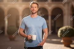Man holding coffee cup outdoors blue t-shirt Product Image 1