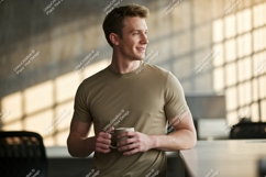 Man holding coffee mug looking away casual t-shirt Product Image 1