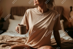 Woman wearing beige t shirt holding mug image Product Image 1