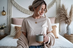 Woman holding mug wearing beige t shirt image Product Image 1