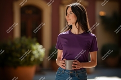 Woman wearing purple t shirt holding mug image Product Image 1