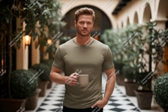 Man wearing olive t-shirt holding mug Product Image 1