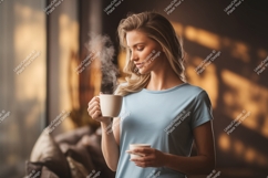 Woman holding steaming coffee mug beverage Product Image 1