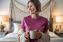 Woman holding mug wearing casual shirt comfortable Product Image 1