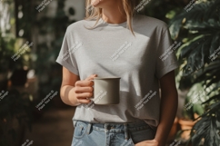 Woman holding mug in grey t shirt t-shirt Product Image 1