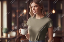 Woman holding steaming coffee cup t-shirt Product Image 1