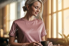 Woman wearing pink t shirt holding coffee cup image Product Image 1