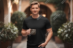 Man wearing black t-shirt holding coffee cup image Product Image 1