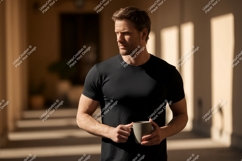 Man wearing black t shirt holding mug image Product Image 1