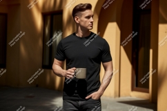 Man wearing black t shirt holding cup image Product Image 1