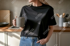 Woman wearing black t shirt holding mug image Product Image 1