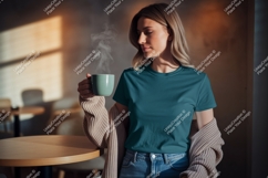 Woman holding steaming coffee mug teal Product Image 1