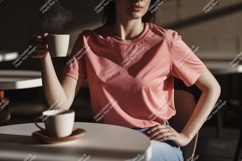 Woman wearing coral t shirt holding coffee cup image Product Image 1
