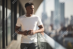 Man holding coffee cup on balcony white Product Image 1