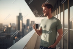 Man holding coffee cup on balcony city Product Image 1
