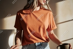 Woman wearing orange t shirt and jeans image Product Image 1