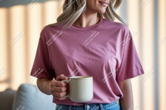 Woman holding mug wearing pink t shirt image Product Image 1