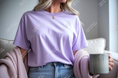 Lavender t shirt mockup with cozy blanket woman Product Image 1