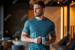 Man holding coffee mug casual t-shirt Product Image 1