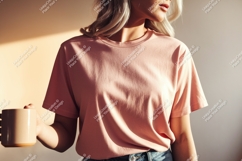 Woman wearing pink t shirt holding mug image Product Image 1
