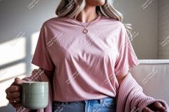 Woman wearing pink shirt and cardigan image Product Image 1