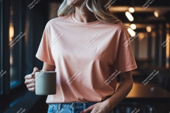 Woman wearing peach t shirt holding mug t-shirt Product Image 1